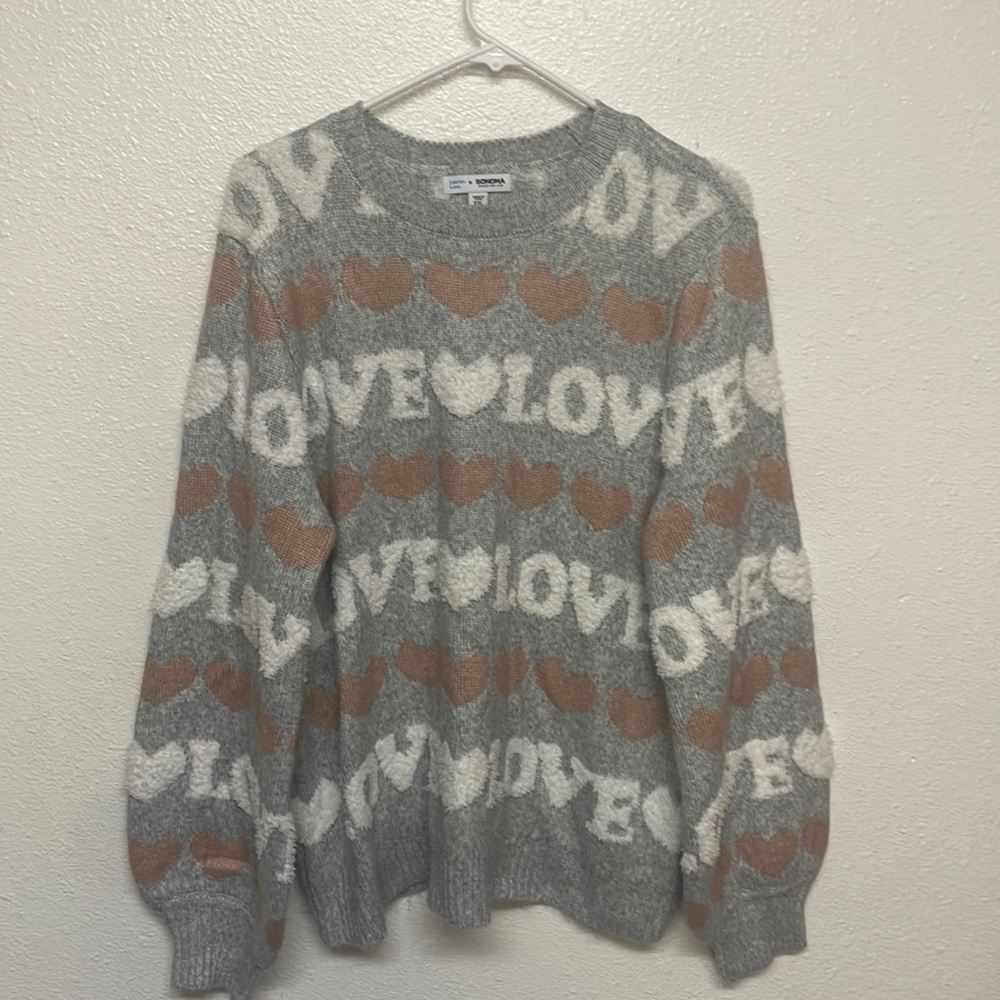 Love-(Ly) sweater grey and white with hearts NWOT